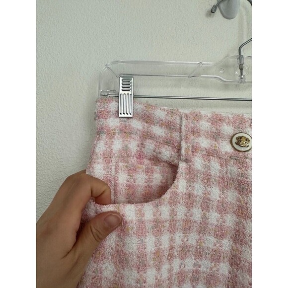 Sandro Women's Lian Tweed Flare Pants Pink White Gold Button Size S Waist 26 NEW - Picture 7 of 14